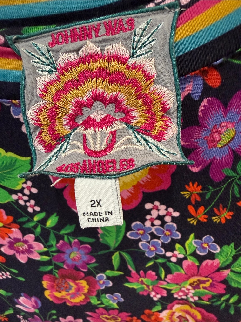 Johnny Was Navy Floral Long-Sleeve Tee with Rainbow Trim - Picture 2 of 4